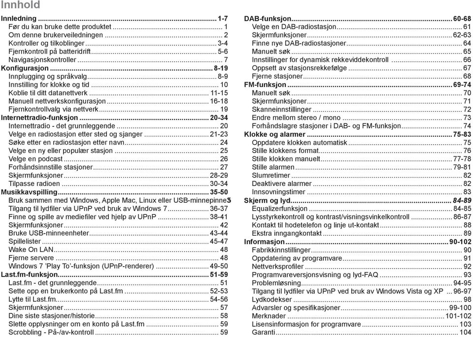 .. 9 Internettradio-funksjon... 20-34 Internettradio - det grunnleggende... 20 Velge en radiostasjon etter sted og sjanger... 2-23 Søke etter en radiostasjon etter navn.