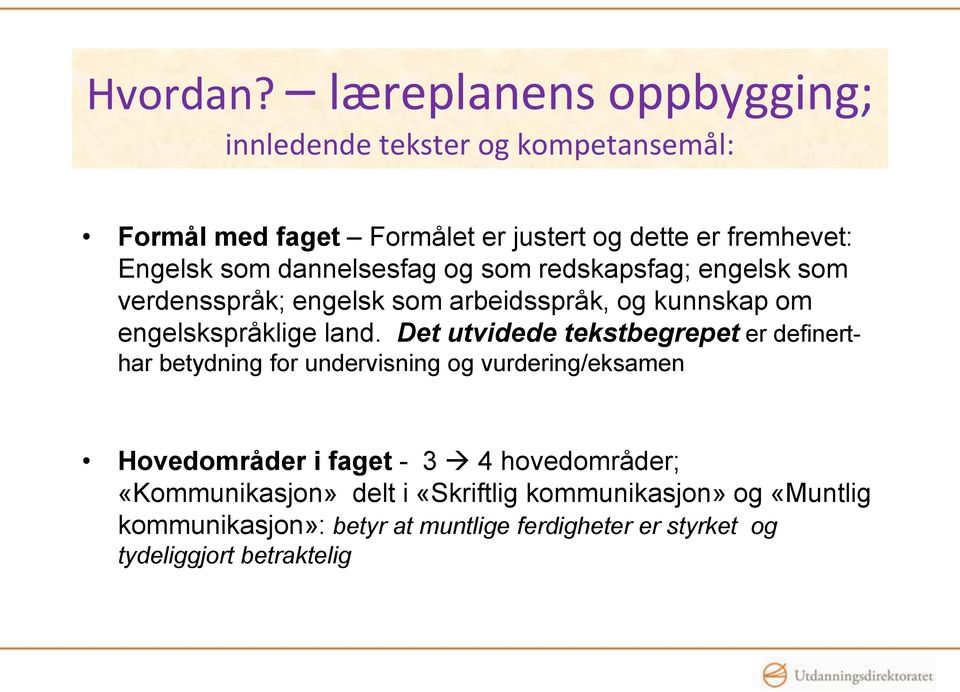 dannelsesfag og som redskapsfag; engelsk som verdensspråk; engelsk som arbeidsspråk, og kunnskap om engelskspråklige land.