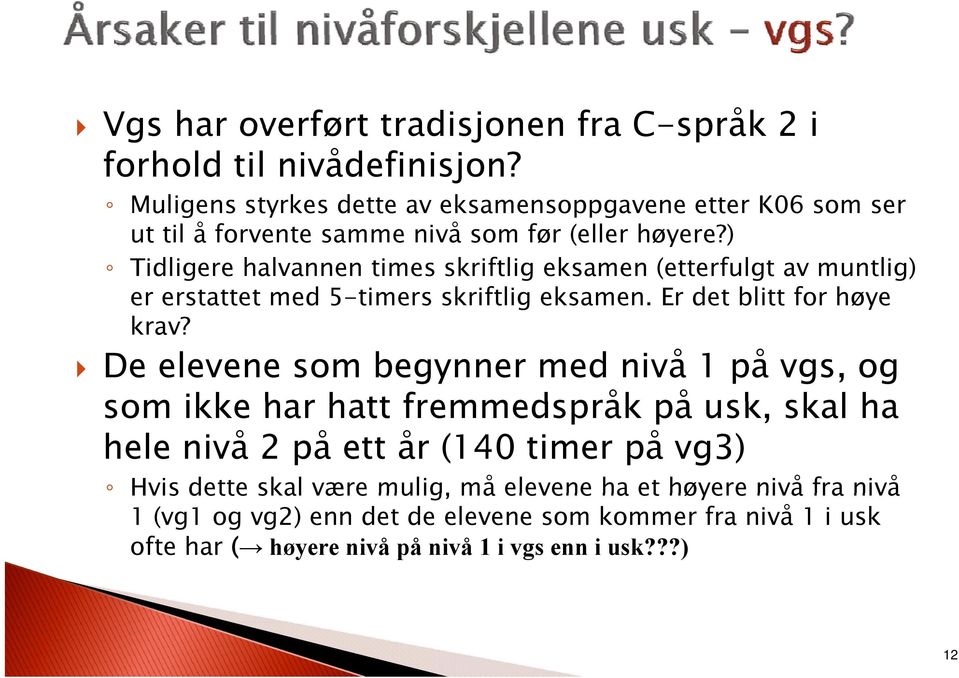 ) Tidligere halvannen times skriftlig eksamen (etterfulgt av muntlig) er erstattet med 5-timers skriftlig eksamen. Er det blitt for høye krav?