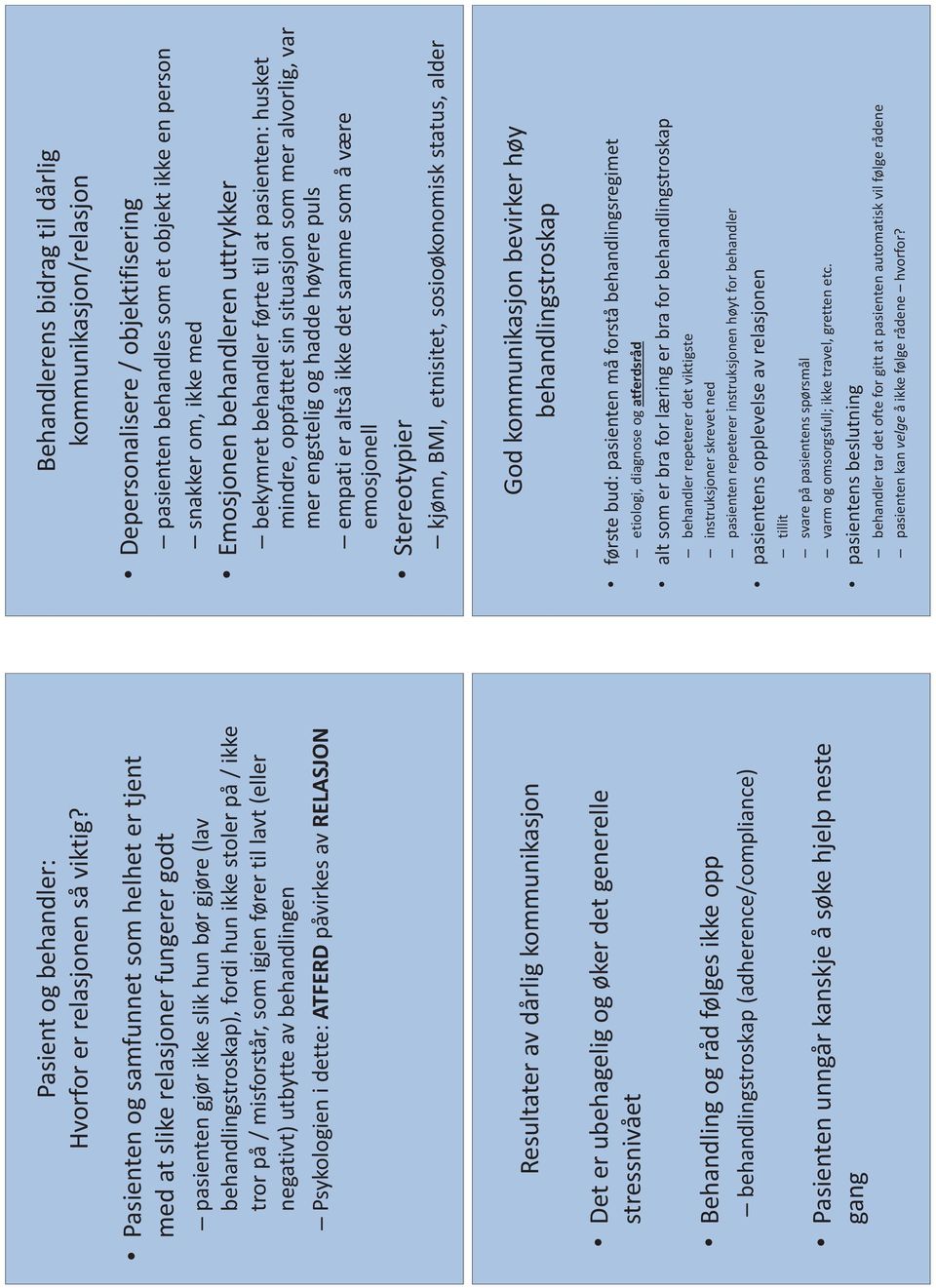 som igjen fører til lavt (eller negativt) utbytte av behandlingen Psykologien i dette: ATFERD påvirkes av RELASJON Resultater av dårlig kommunikasjon Det er ubehagelig og øker det generelle