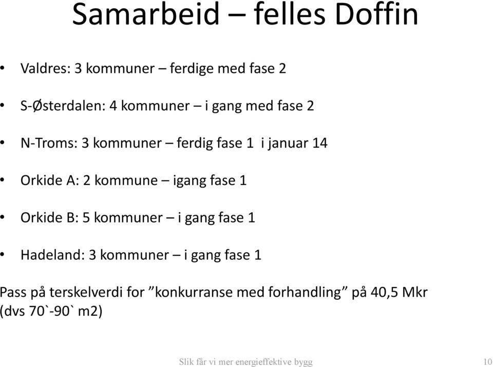 1 Orkide B: 5 kommuner i gang fase 1 Hadeland: 3 kommuner i gang fase 1 Pass på terskelverdi