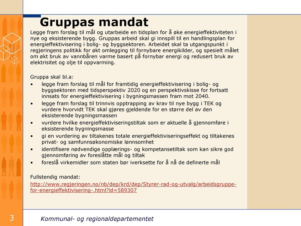 Arbeidet skal ta utgangspunkt i regjeringens politikk for økt omlegging til fornybare energikilder, og spesielt målet om økt bruk av vannbåren varme basert på fornybar energi og redusert bruk av