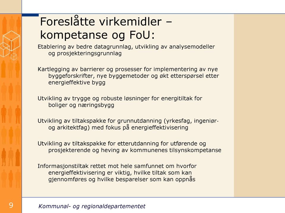 tiltakspakke for grunnutdanning (yrkesfag, ingeniørog arkitektfag) med fokus på energieffektivisering Utvikling av tiltakspakke for etterutdanning for utførende og prosjekterende og heving