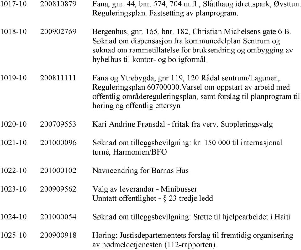 1019-10 200811111 Fana og Ytrebygda, gnr 119, 120 Rådal sentrum/lagunen, Reguleringsplan 60700000.