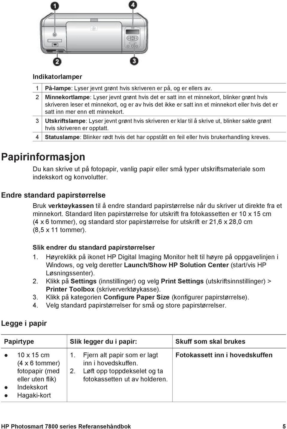 enn ett minnekort. 3 Utskriftslampe: Lyser jevnt grønt hvis skriveren er klar til å skrive ut, blinker sakte grønt hvis skriveren er opptatt.