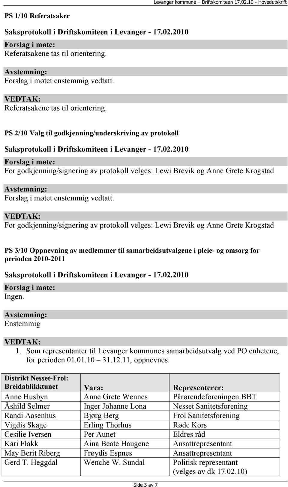 PS 2/10 Valg til godkjenning/underskriving av protokoll For godkjenning/signering av protokoll velges: Lewi Brevik og Anne Grete Krogstad Forslag i møtet enstemmig vedtatt.