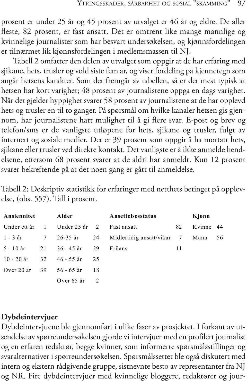 Tabell 2 omfatter den delen av utvalget som oppgir at de har erfaring med sjikane, hets, trusler og vold siste fem år, og viser fordeling på kjennetegn som angår hetsens karakter.