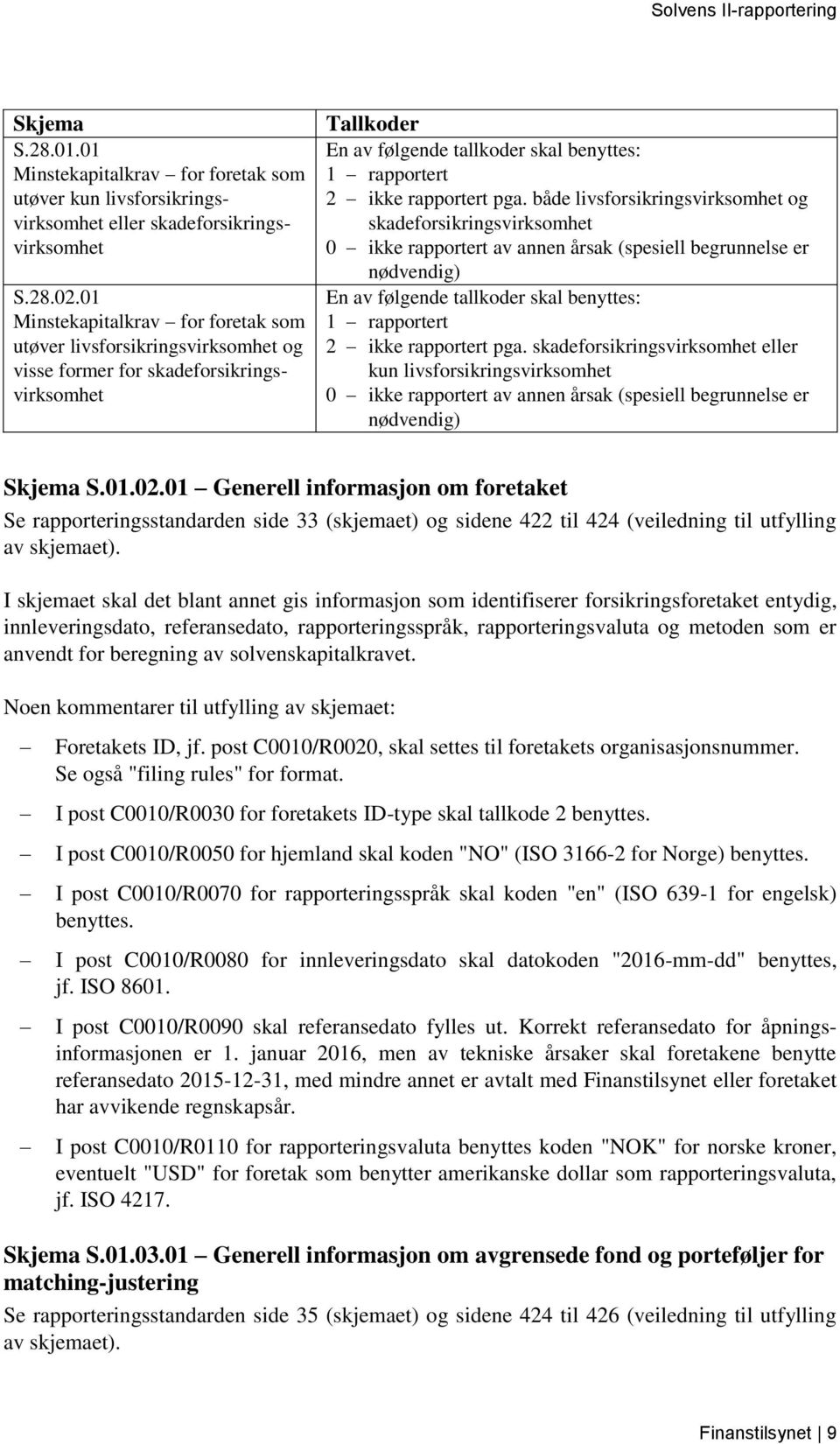 både livsforsikringsvirksomhet og skadeforsikringsvirksomhet 2 ikke rapportert pga. skadeforsikringsvirksomhet eller kun livsforsikringsvirksomhet Skjema S.01.02.