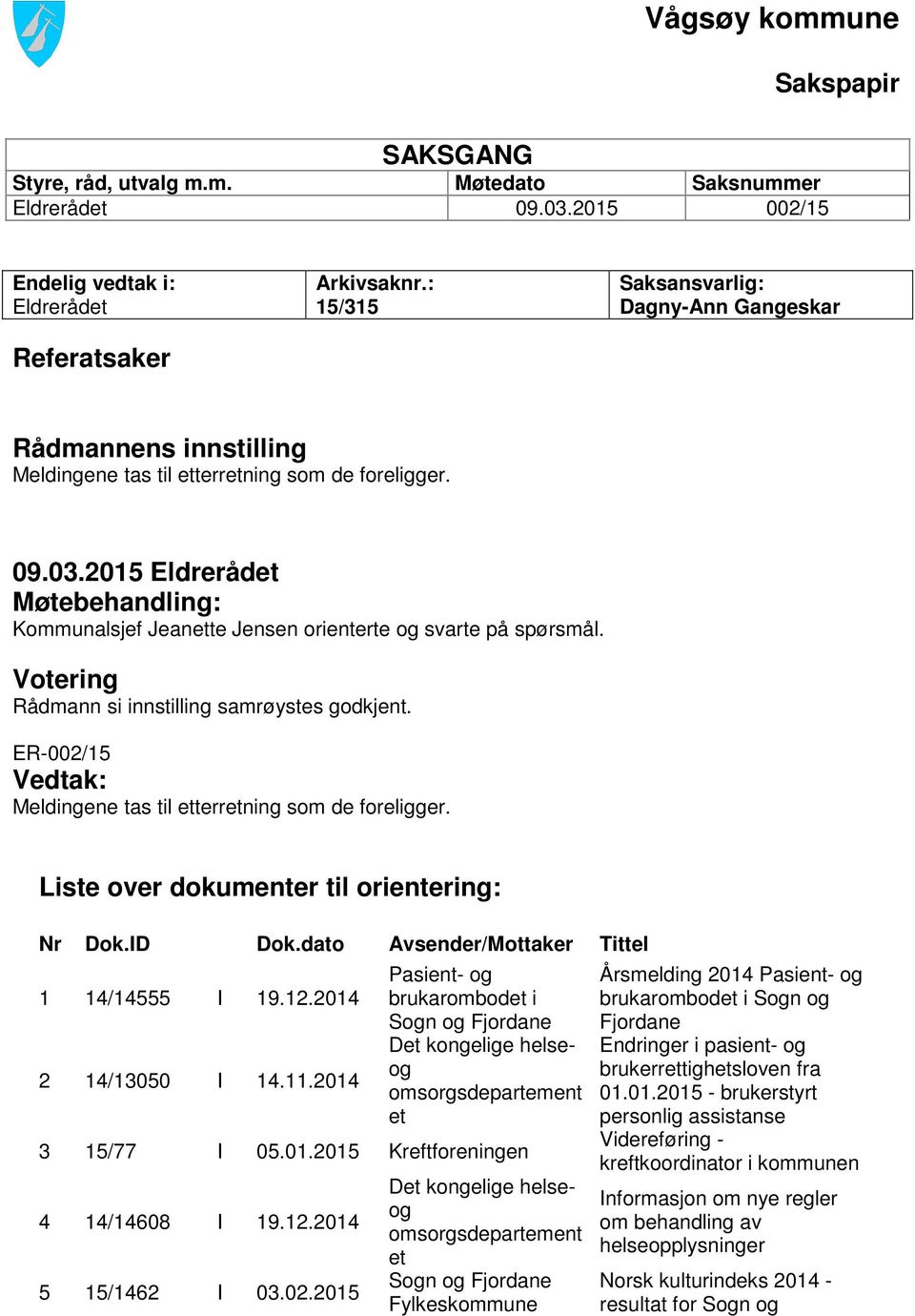 2015 Eldrerådet Møtebehandling: Kommunalsjef Jeanette Jensen orienterte og svarte på spørsmål. Votering Rådmann si innstilling samrøystes godkjent.