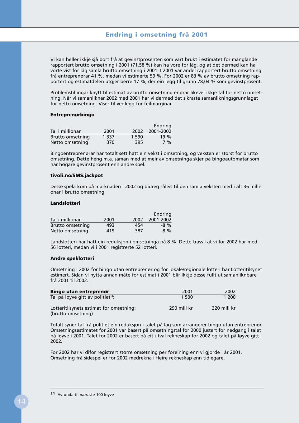 For 2002 er 83 % av brutto omsetning rapportert og estimatdelen utgjer berre 17 %, der ein legg til grunn 78,04 % som gevinstprosent.