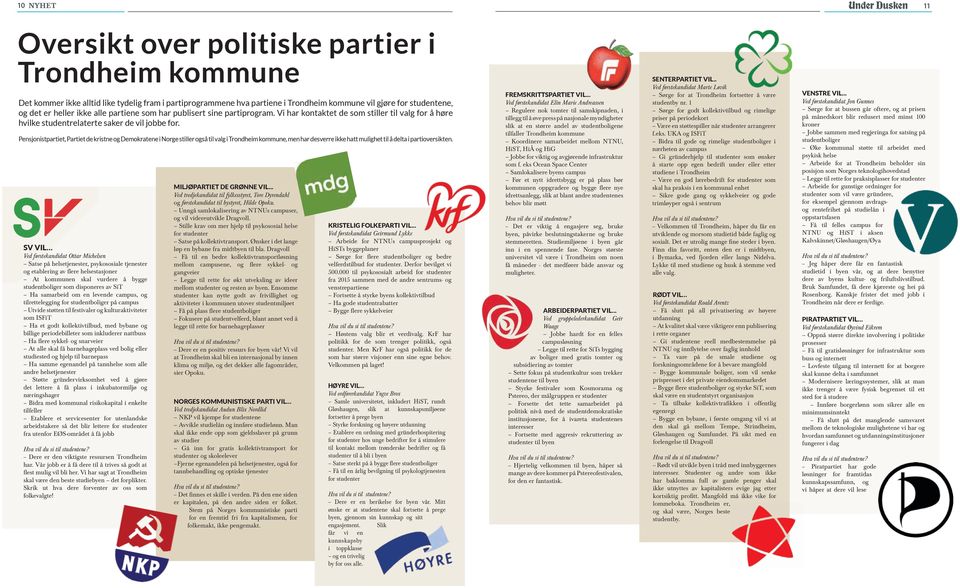 Pensjonistpartiet, Partiet de kristne og Demokratene i Norge stiller også til valg i Trondheim kommune, men har desverre ikke hatt mulighet til å delta i partioversikten.