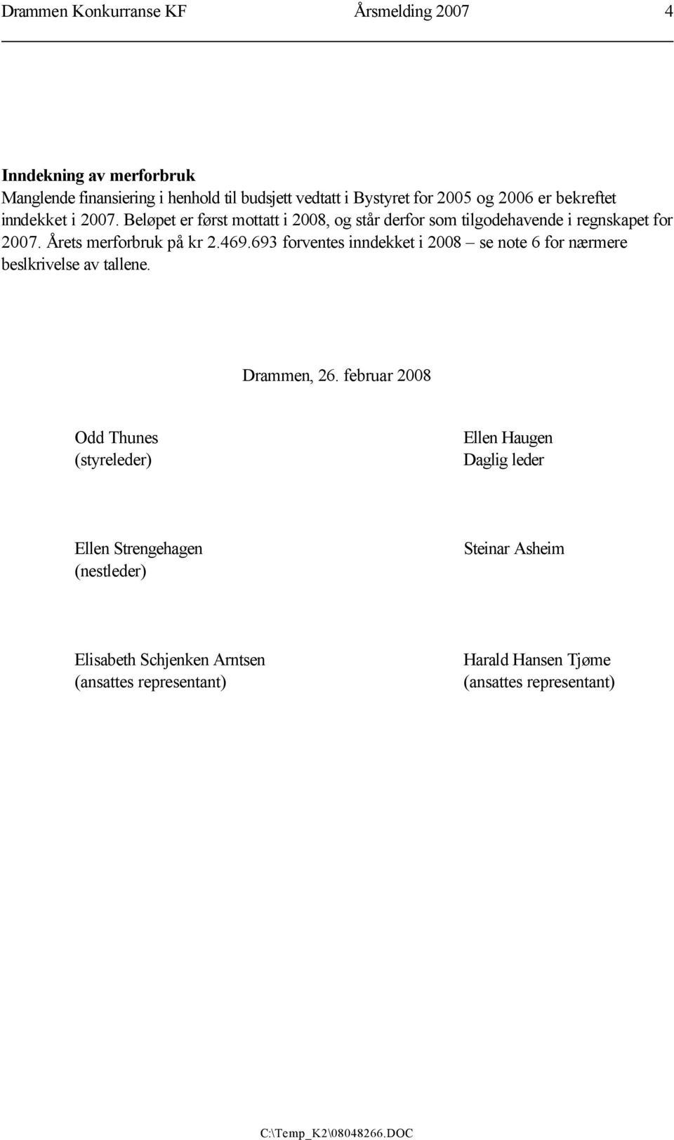 469.693 forventes inndekket i 2008 se note 6 for nærmere beslkrivelse av tallene. Drammen, 26.