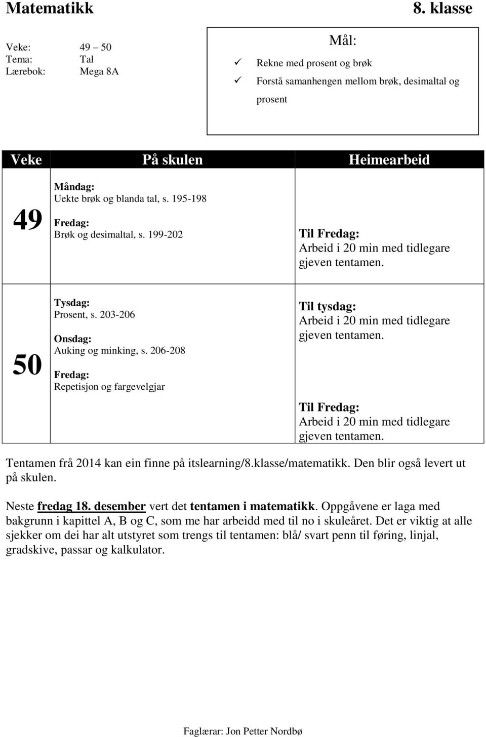 199-202 Tysdag: Prosent, s. 203-206 Onsdag: Auking og minking, s. 206-208 Fredag: Repetisjon og fargevelgjar Til Fredag: Arbeid i 20 min med tidlegare gjeven tentamen.