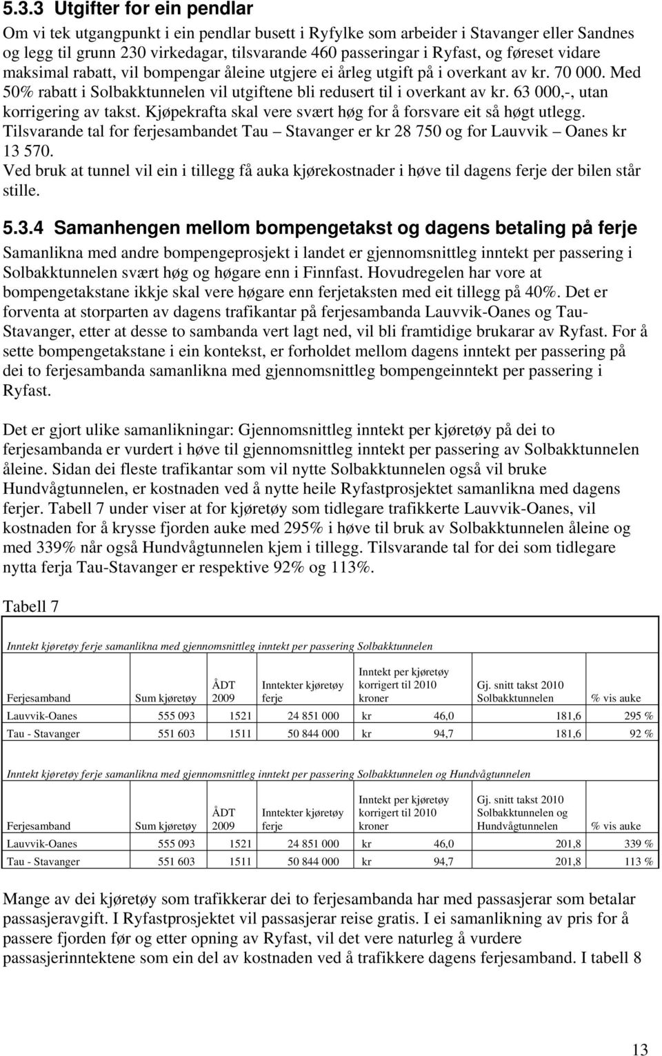 63 000,-, utan korrigering av takst. Kjøpekrafta skal vere svært høg for å forsvare eit så høgt utlegg. Tilsvarande tal for ferjesambandet Tau Stavanger er kr 28 750 og for Lauvvik Oanes kr 13 570.