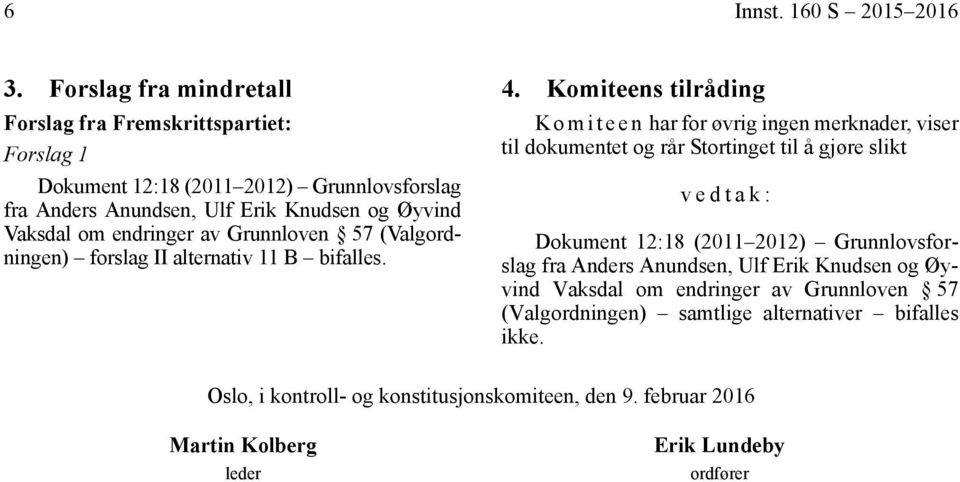 endringer av Grunnloven 57 (Valgordningen) forslag II alternativ 11 B bifalles. 4.