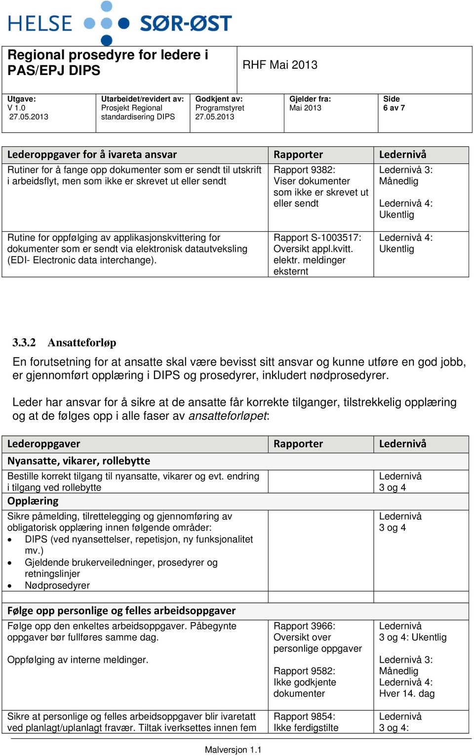 Rapport S-1003517: Oversikt appl.kvitt. elektr. meldinger eksternt 4: 3.3.2 Ansatteforløp En forutsetning for at ansatte skal være bevisst sitt ansvar og kunne utføre en god jobb, er gjennomført opplæring i DIPS og prosedyrer, inkludert nødprosedyrer.