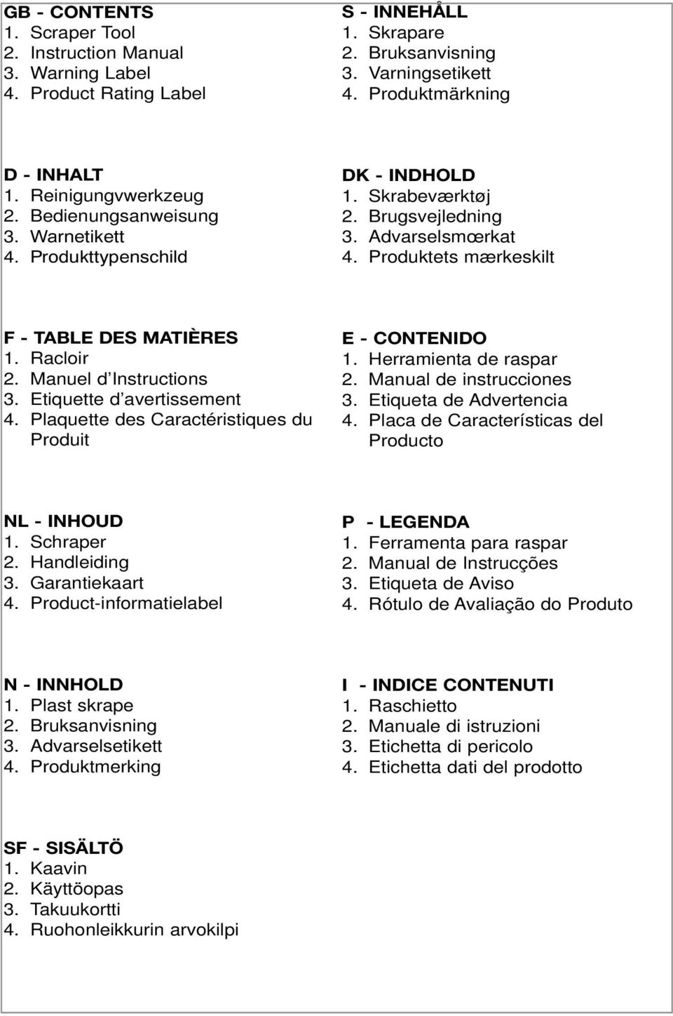 Racloir 2. Manuel d Instructions 3. Etiquette d avertissement 4. Plaquette des Caractéristiques du Produit E - CONTENIDO. Herramienta de raspar 2. Manual de instrucciones 3. Etiqueta de Advertencia 4.