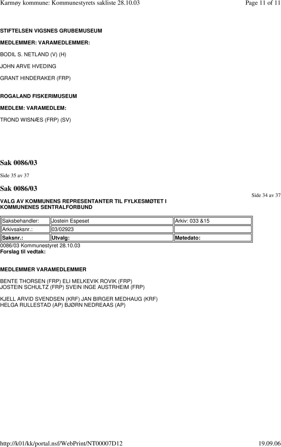 KOMMUNENS REPRESENTANTER TIL FYLKESMØTET I KOMMUNENES SENTRALFORBUND Side 34 av 37 Saksbehandler: Jostein Espeset Arkiv: 033 &15 Arkivsaksnr.