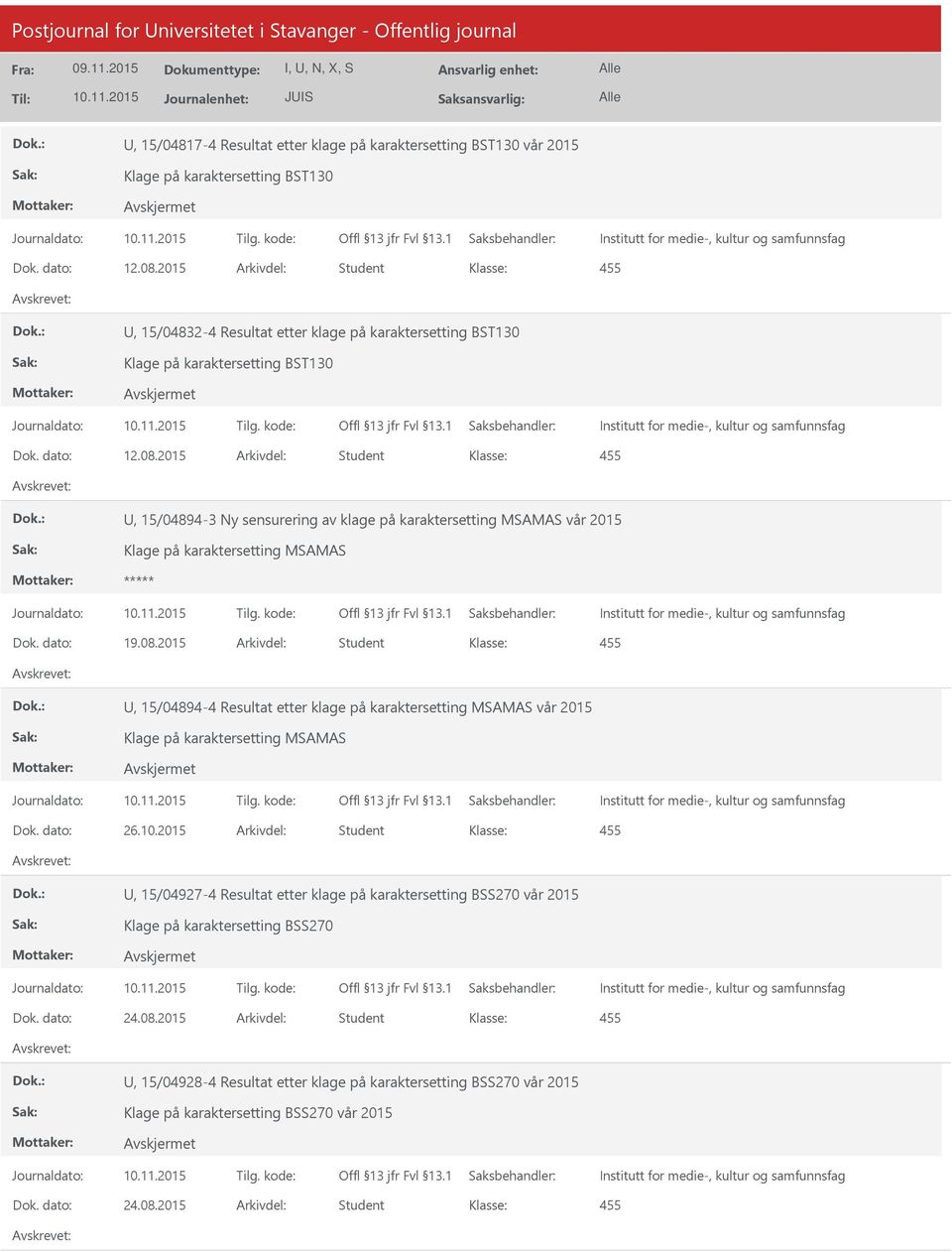 2015 Arkivdel: Student, 15/04894-3 Ny sensurering av klage på karaktersetting MSAMAS vår 2015 Klage på karaktersetting MSAMAS Dok. dato: 19.08.