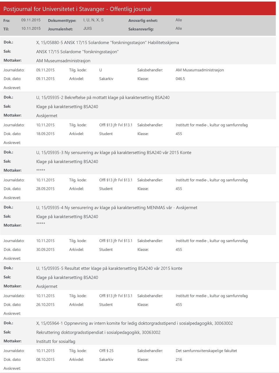 2015 Arkivdel: Student, 15/05935-3 Ny sensurering av klage på karaktersetting BSA240 vår 2015 Konte Klage på karaktersetting BSA240 Dok. dato: 28.09.