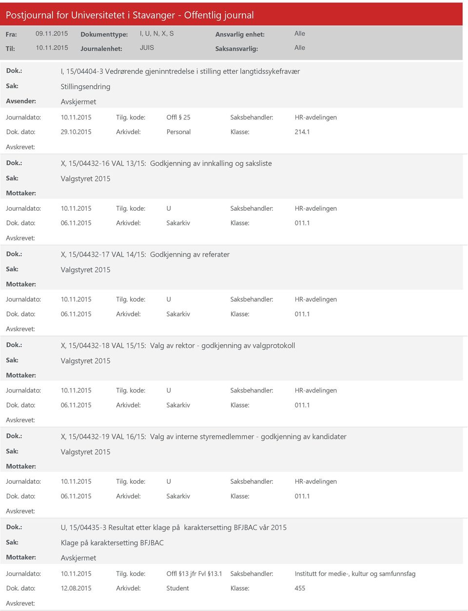 1 X, 15/04432-17 VAL 14/15: Godkjenning av referater Valgstyret 2015 HR-avdelingen Dok. dato: 06.11.2015 Arkivdel: Sakarkiv 011.