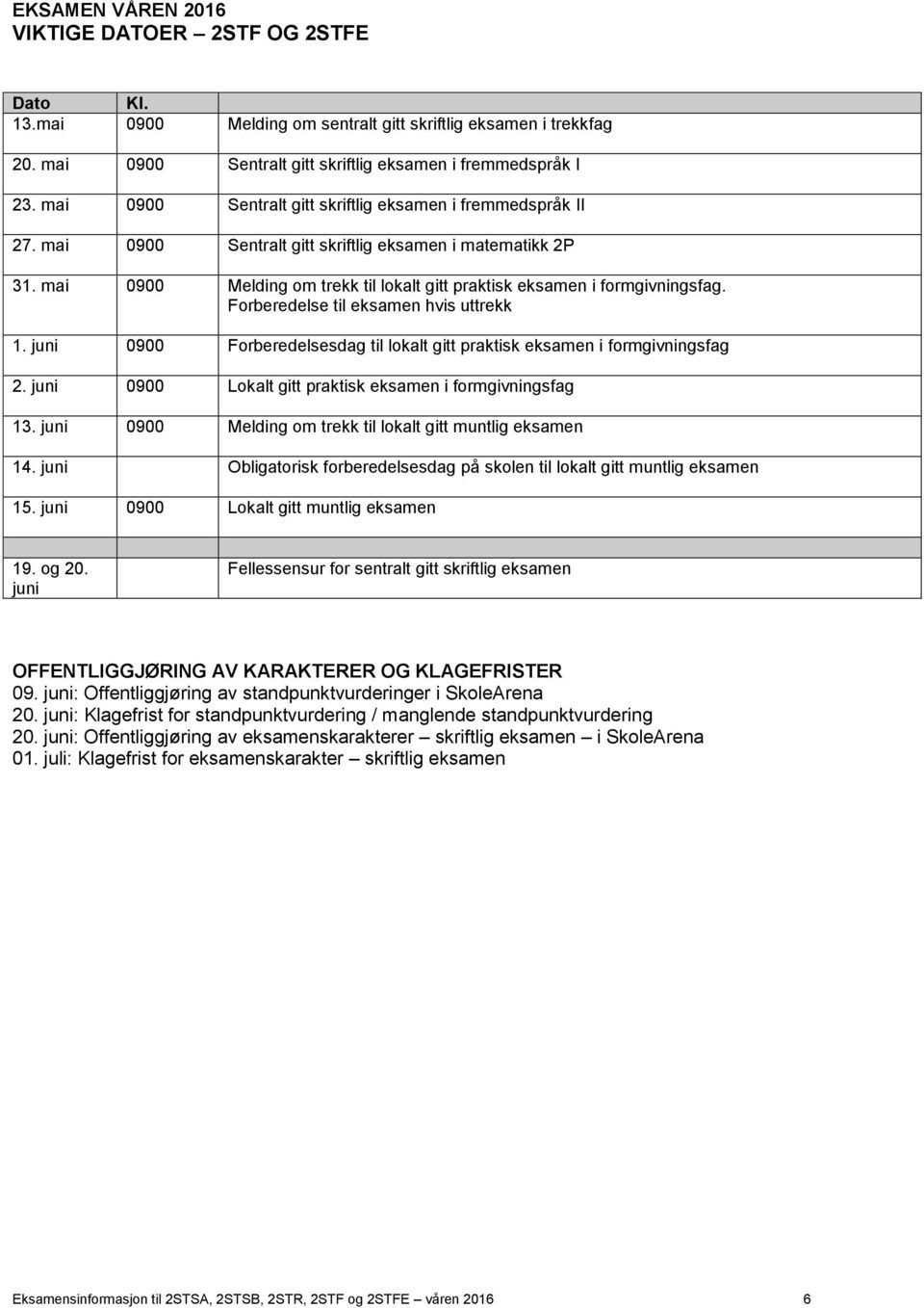 mai 0900 Melding om trekk til lokalt gitt praktisk eksamen i formgivningsfag. Forberedelse til eksamen hvis uttrekk 1. juni 0900 Forberedelsesdag til lokalt gitt praktisk eksamen i formgivningsfag 2.