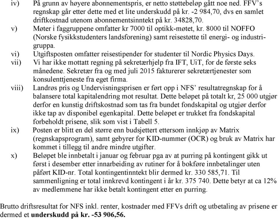 8000 til NOFFO (Norske fysikkstudenters landsforening) samt reisestøtte til energi- og industrigruppa. vi) vii) viii) ix) Utgiftsposten omfatter reisestipender for studenter til Nordic Physics Days.