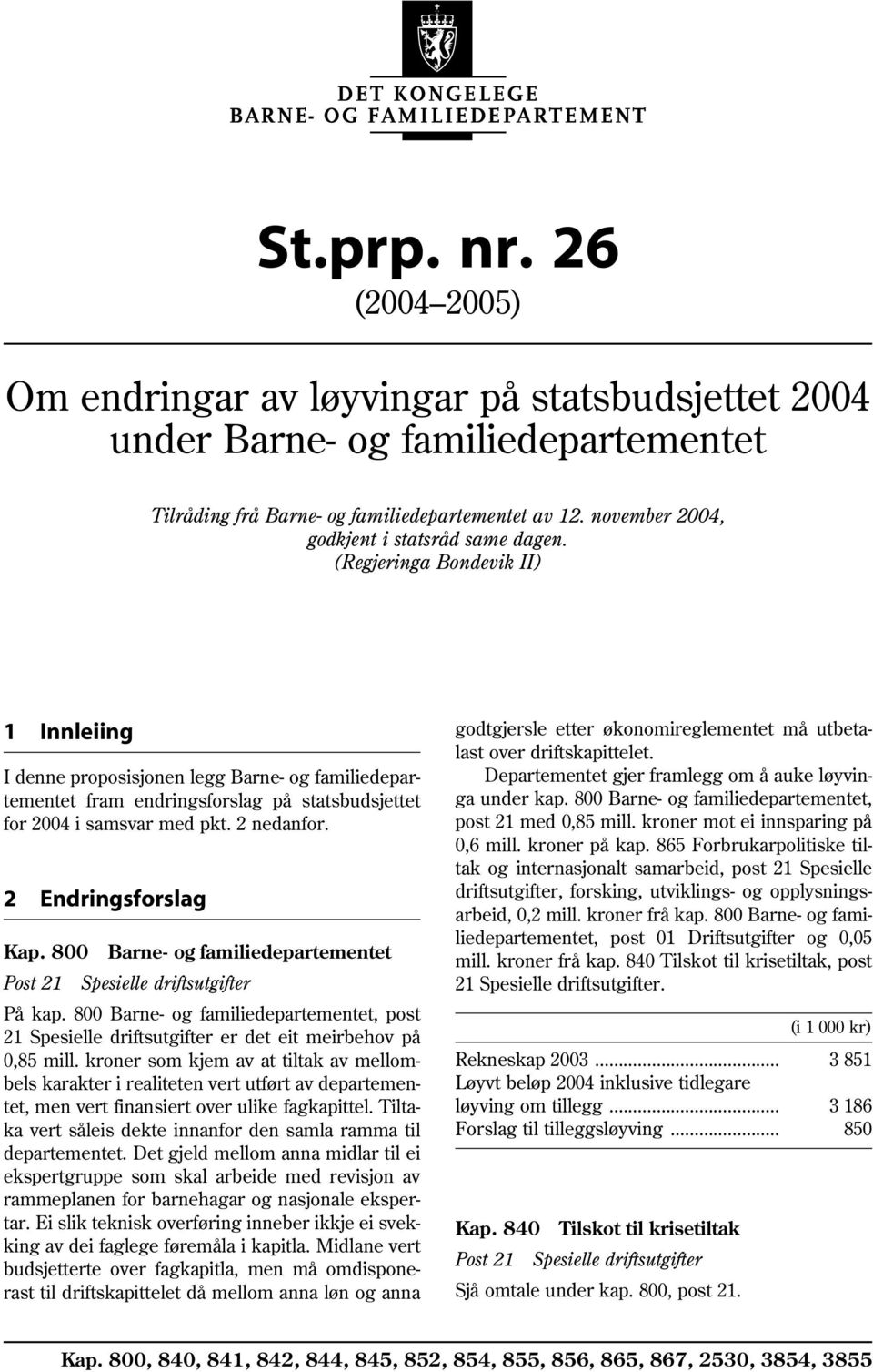 (Regjeringa Bondevik II) 1 Innleiing I denne proposisjonen legg Barne- og familiedepartementet fram endringsforslag på statsbudsjettet for 2004 i samsvar med pkt. 2 nedanfor. 2 Endringsforslag Kap.