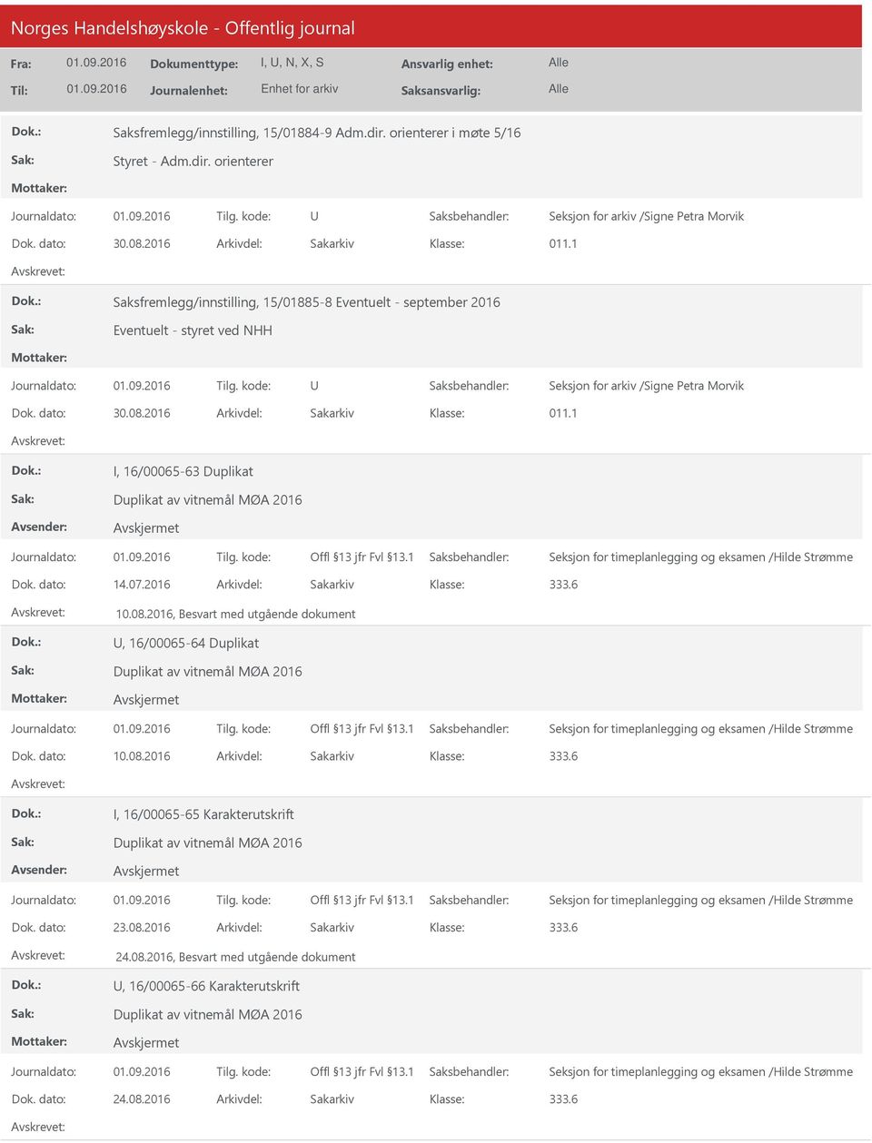 2016 Arkivdel: Sakarkiv 011.1 I, 16/00065-63 Duplikat Dok. dato: 14.07.2016 Arkivdel: Sakarkiv 10.08.2016, Besvart med utgående dokument, 16/00065-64 Duplikat Dok. dato: 10.08.2016 Arkivdel: Sakarkiv I, 16/00065-65 Karakterutskrift Dok.