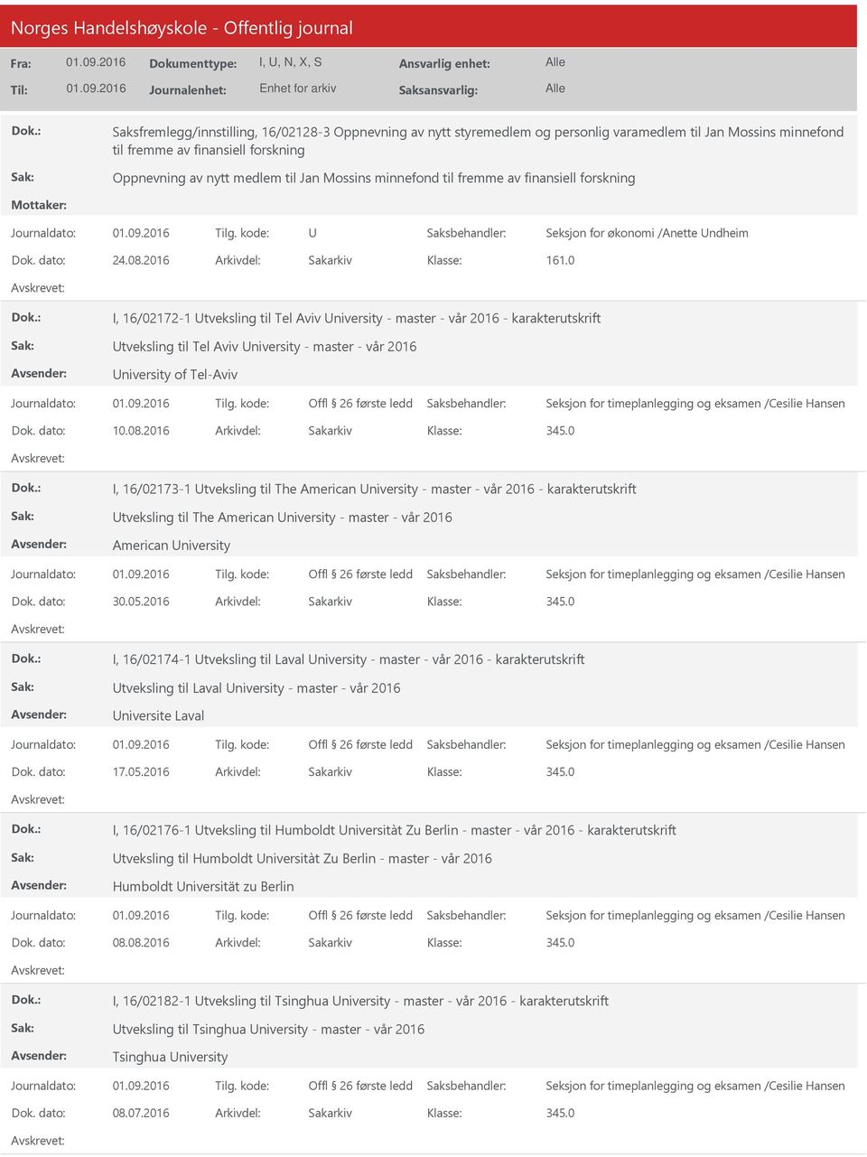 0 I, 16/02172-1 tveksling til Tel Aviv niversity - master - vår 2016 - karakterutskrift tveksling til Tel Aviv niversity - master - vår 2016 niversity of Tel-Aviv Dok. dato: 10.08.