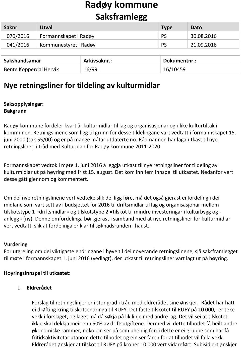 kulturtiltak i kommunen. Retningslinene som ligg til grunn for desse tildelingane vart vedtatt i formannskapet 15. juni 2000 (sak 55/00) og er på mange måtar utdaterte no.