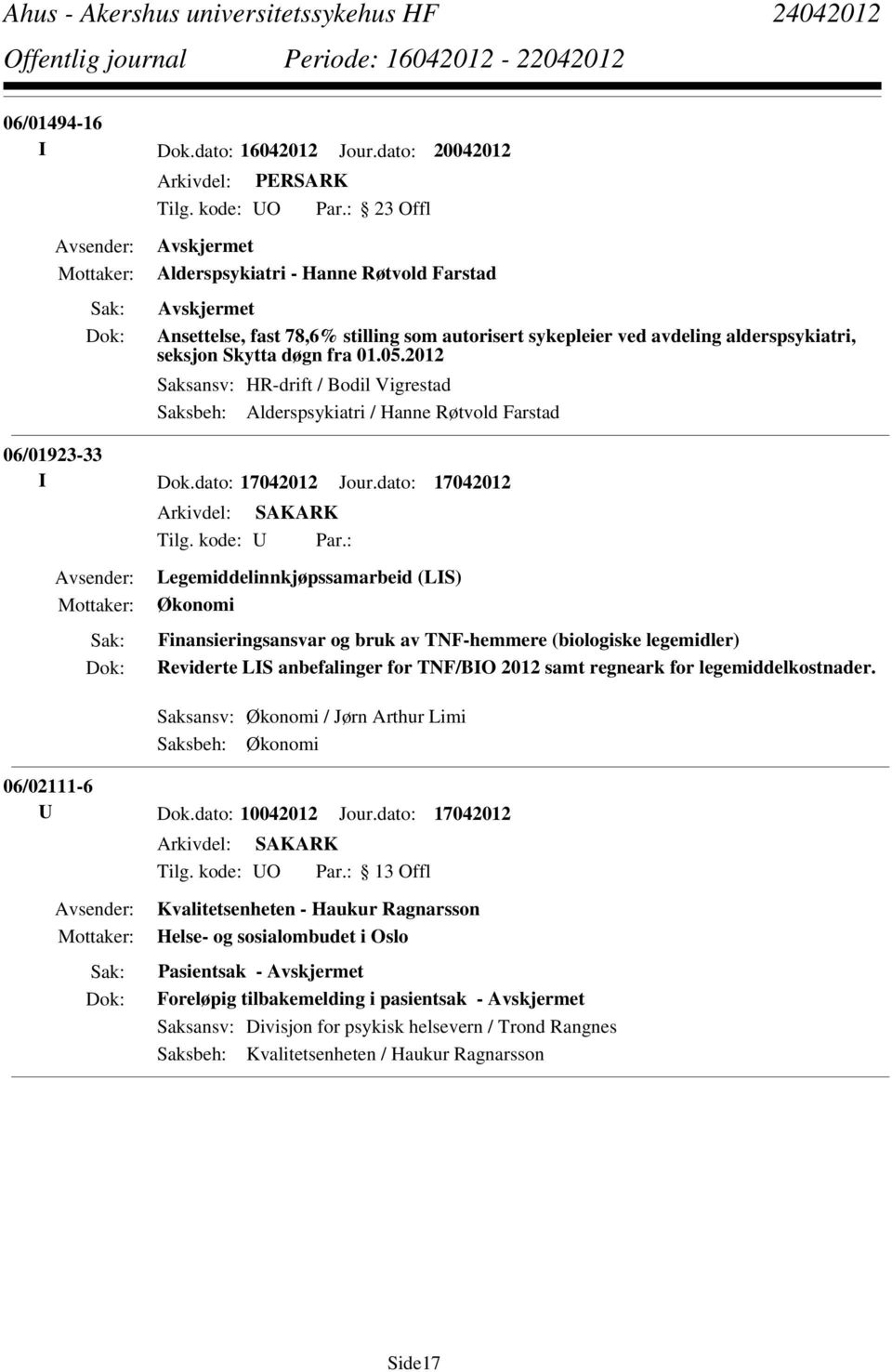 2012 Saksansv: HR-drift / Bodil Vigrestad Saksbeh: Alderspsykiatri / Hanne Røtvold Farstad 06/01923-33 I Dok.dato: 17042012 Jour.dato: 17042012 Tilg. kode: U Par.