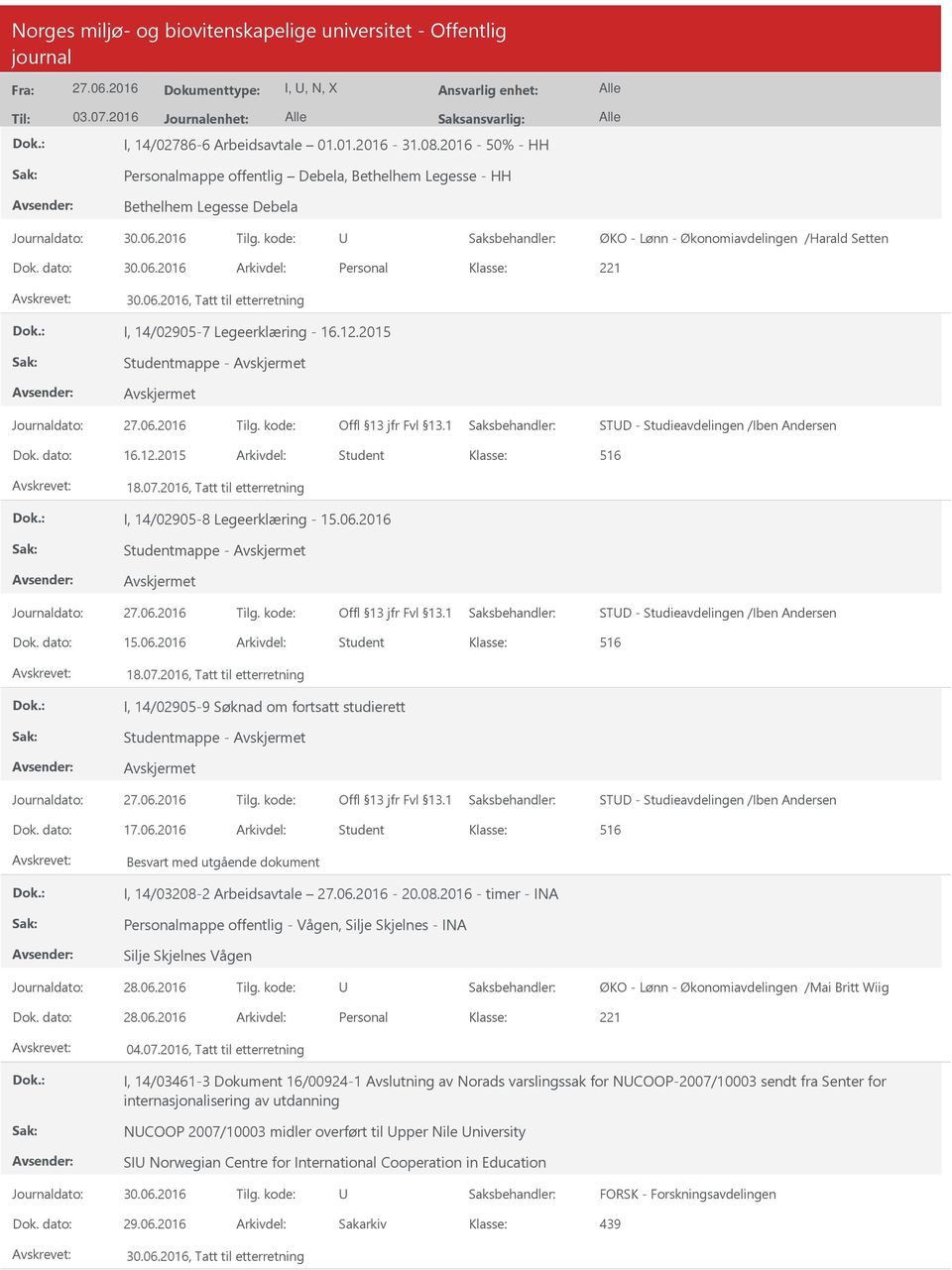 2016 Arkivdel: Personal 30.06.2016, Tatt til etterretning I, 14/02905-7 Legeerklæring - 16.12.2015 Studentmappe - Journaldato: Tilg. kode: STD - Studieavdelingen /Iben Andersen Dok. dato: 16.12.2015 Arkivdel: Student 18.