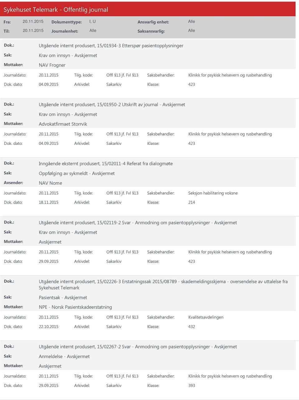 2015 Arkivdel: Sakarkiv Inngående eksternt produsert, 15/02011-4 Referat fra dialogmøte Oppfølging av sykmeldt - NAV Nome Seksjon habilitering voksne Dok. dato: 18.11.2015 Arkivdel: Sakarkiv 214 tgående internt produsert, 15/09-2 Svar - Anmodning om pasientopplysninger - Krav om innsyn - Dok.