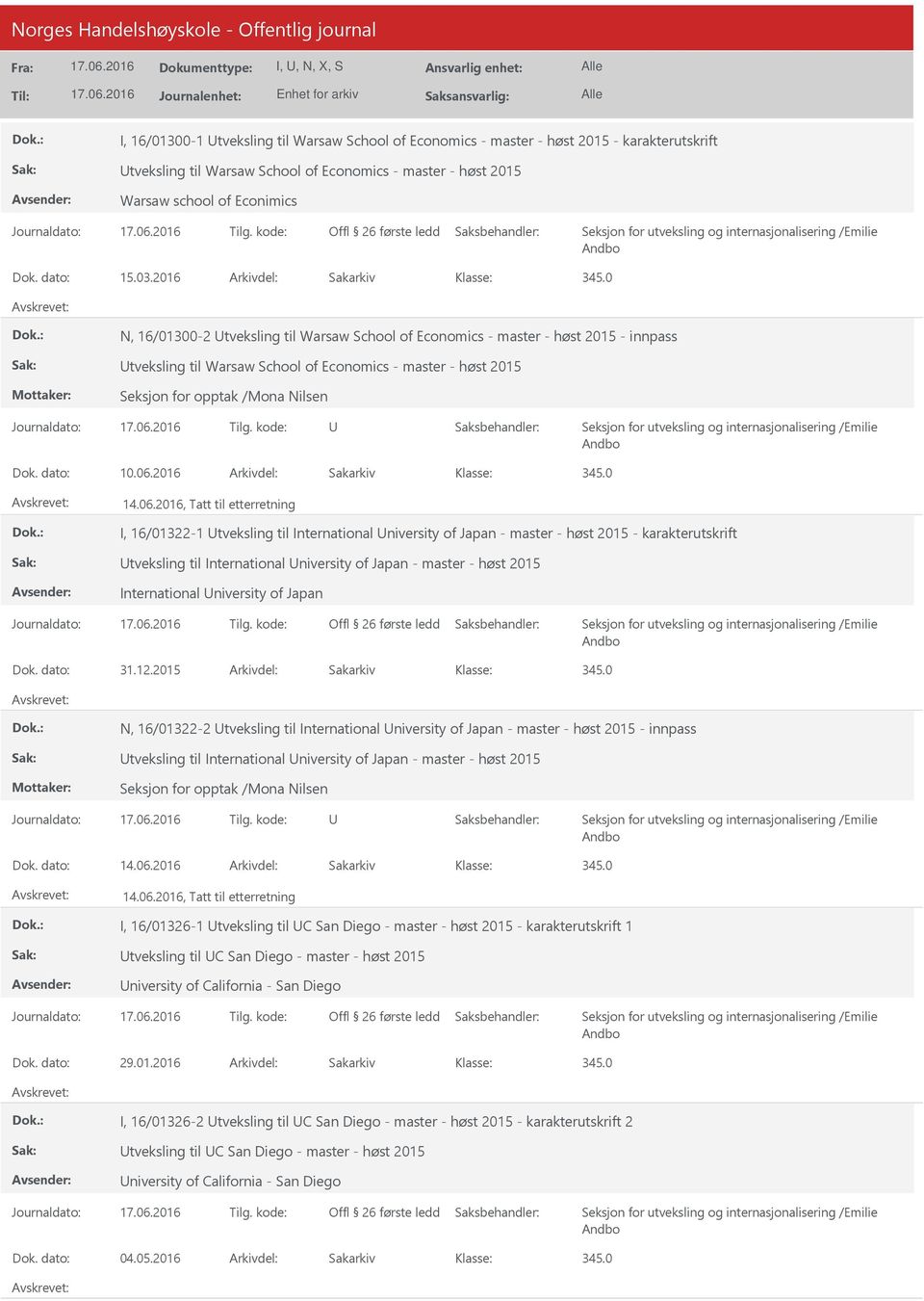 06.2016 Arkivdel: Sakarkiv I, 16/01322-1 tveksling til International niversity of Japan - master - høst 2015 - karakterutskrift tveksling til International niversity of Japan - master - høst 2015