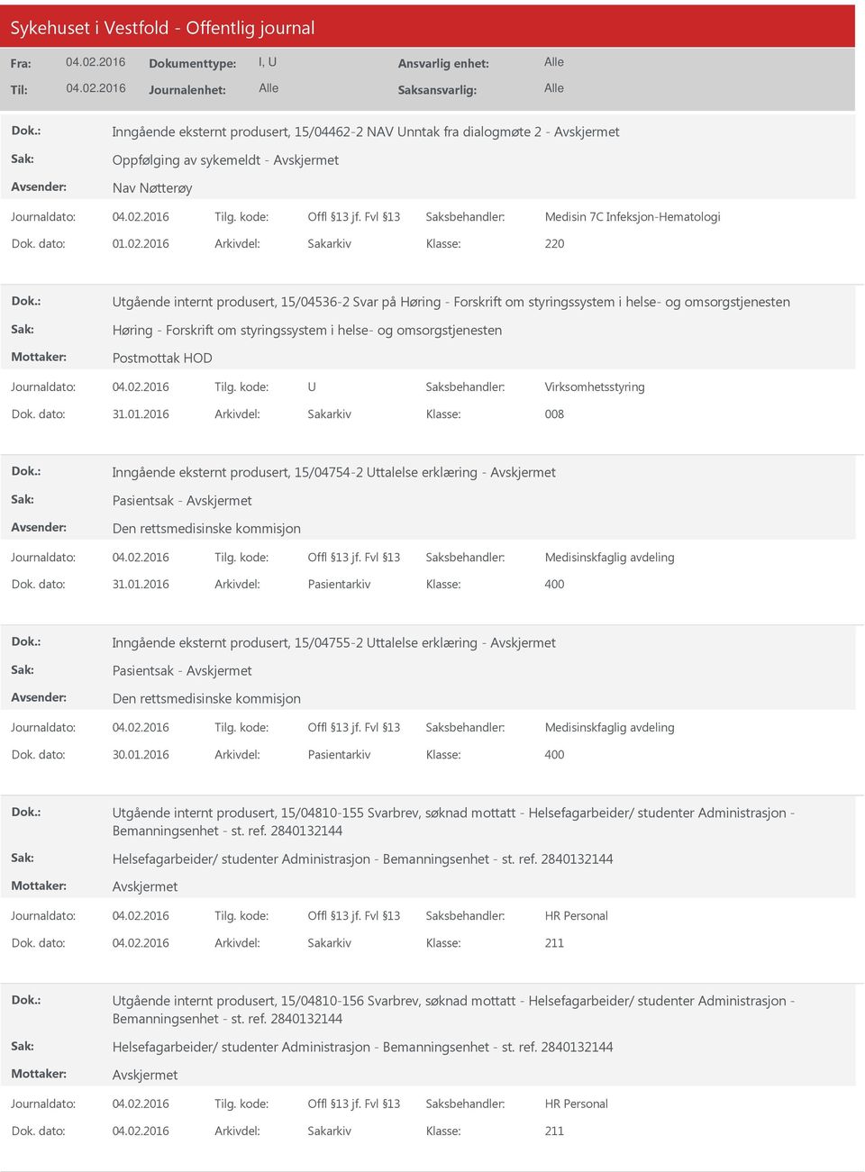 omsorgstjenesten Postmottak HOD Virksomhetsstyring Dok. dato: 31.01.