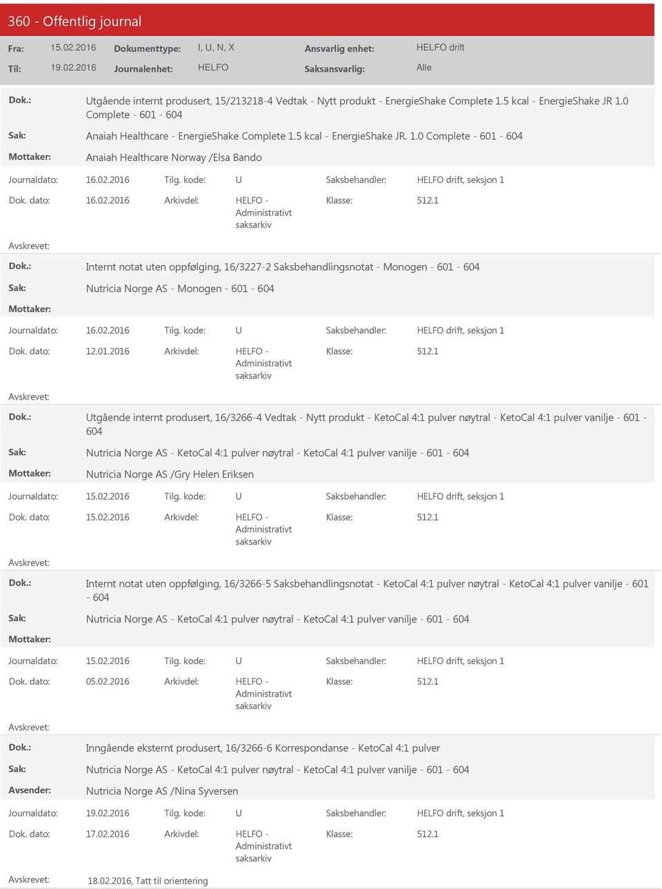 1 Internt notat uten oppfølging, 16/3227-2 Saksbehandlingsnotat - Monogen - 601-604 Nutricia Norge AS - Monogen - 601-604 drift, seksjon 1 12.01.2016-2.