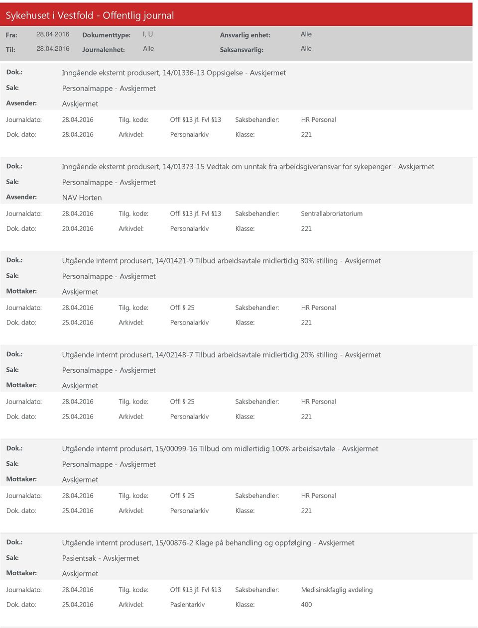 2016 Arkivdel: Personalarkiv Utgående internt produsert, 14/01421-9 Tilbud arbeidsavtale midlertidig 30% stilling - Personalmappe - Dok. dato: 25.04.