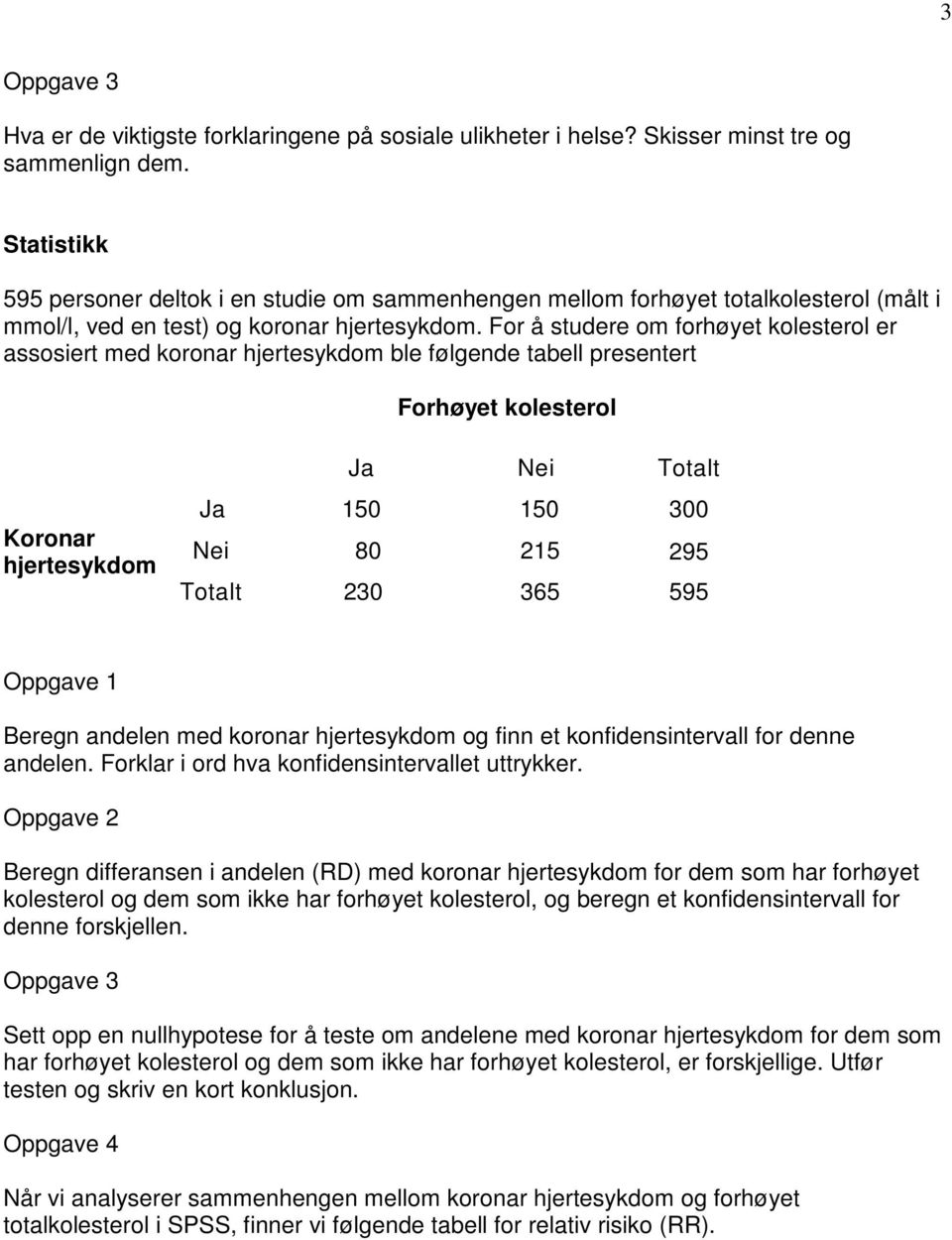 For å studere om forhøyet kolesterol er assosiert med koronar hjertesykdom ble følgende tabell presentert Forhøyet kolesterol Koronar hjertesykdom Ja Nei Totalt Ja 150 150 300 Nei 80 215 295 Totalt