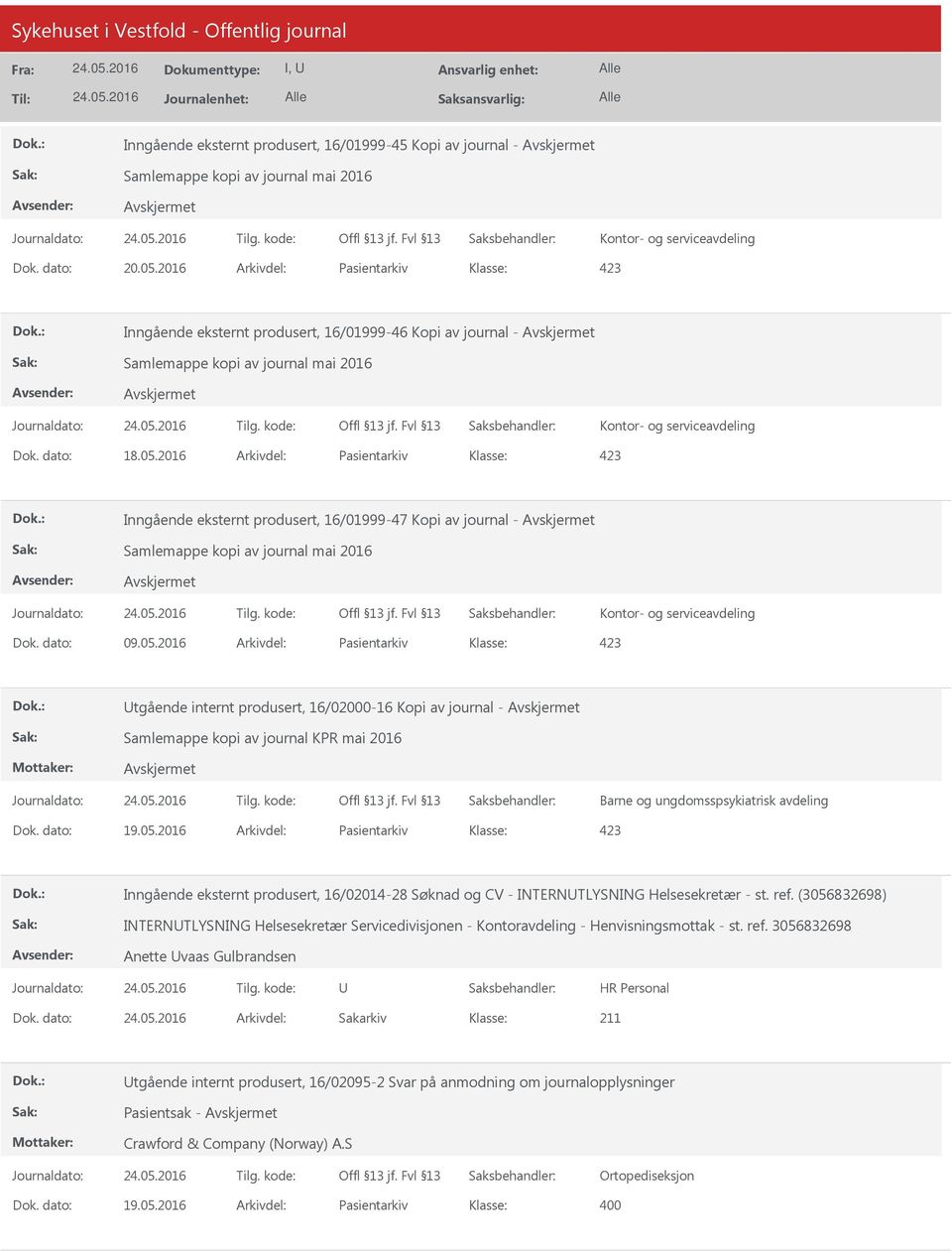 2016 Arkivdel: Pasientarkiv 423 Inngående eksternt produsert, 16/01999-47 Kopi av journal - Samlemappe kopi av journal mai 2016 Kontor- og serviceavdeling Dok. dato: 09.05.