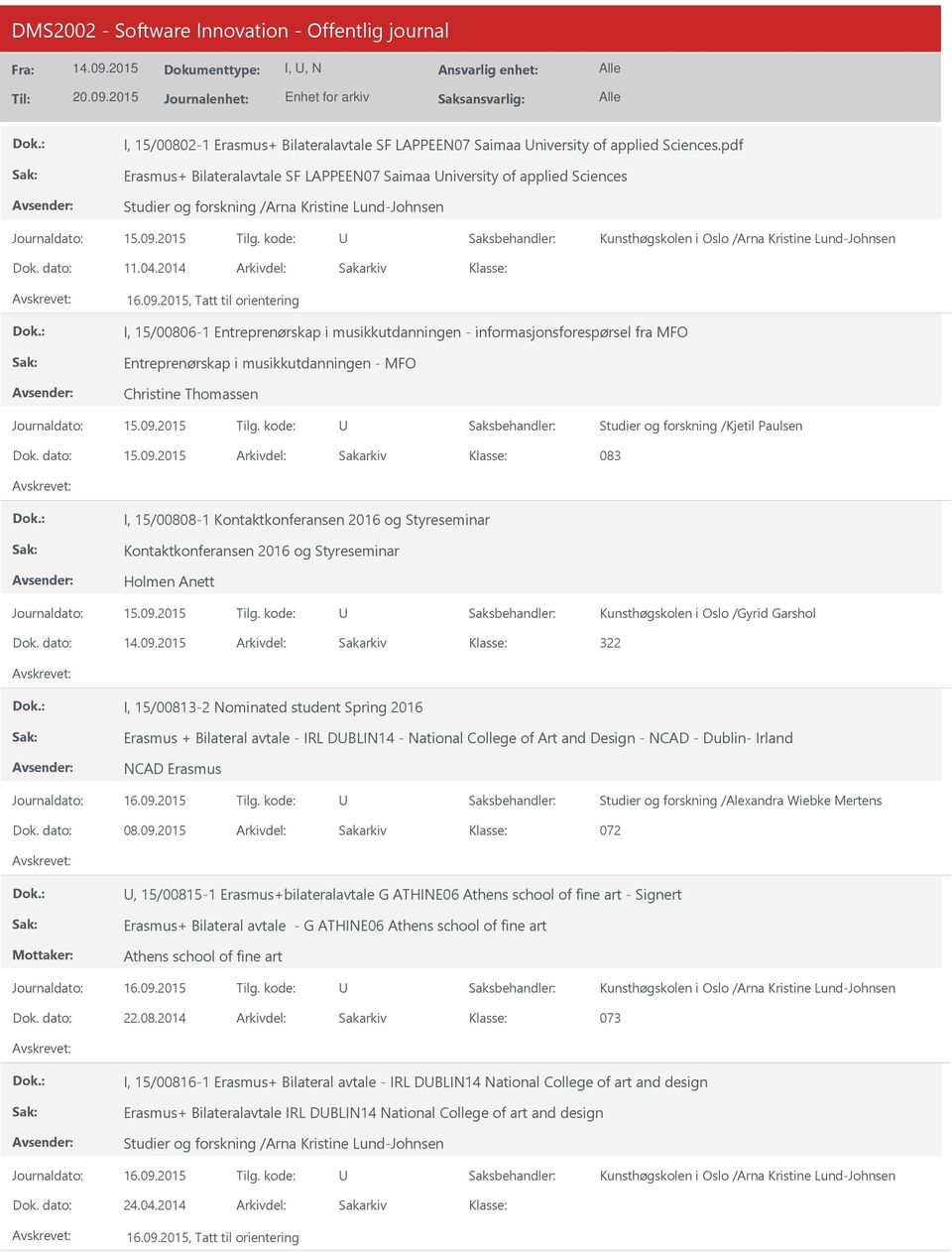 2015 083 I, 15/00808-1 Kontaktkonferansen 2016 og Styreseminar Kontaktkonferansen 2016 og Styreseminar Holmen Anett Kunsthøgskolen i Oslo /Gyrid Garshol 322 I, 15/00813-2 Nominated student Spring