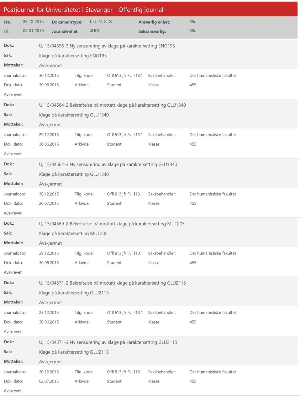 2015 Arkivdel: Student U, 15/04569-2 Bekreftelse på mottatt klage på karaktersetting MUT205 Klage på karaktersetting MUT205 Dok. dato: 30.06.