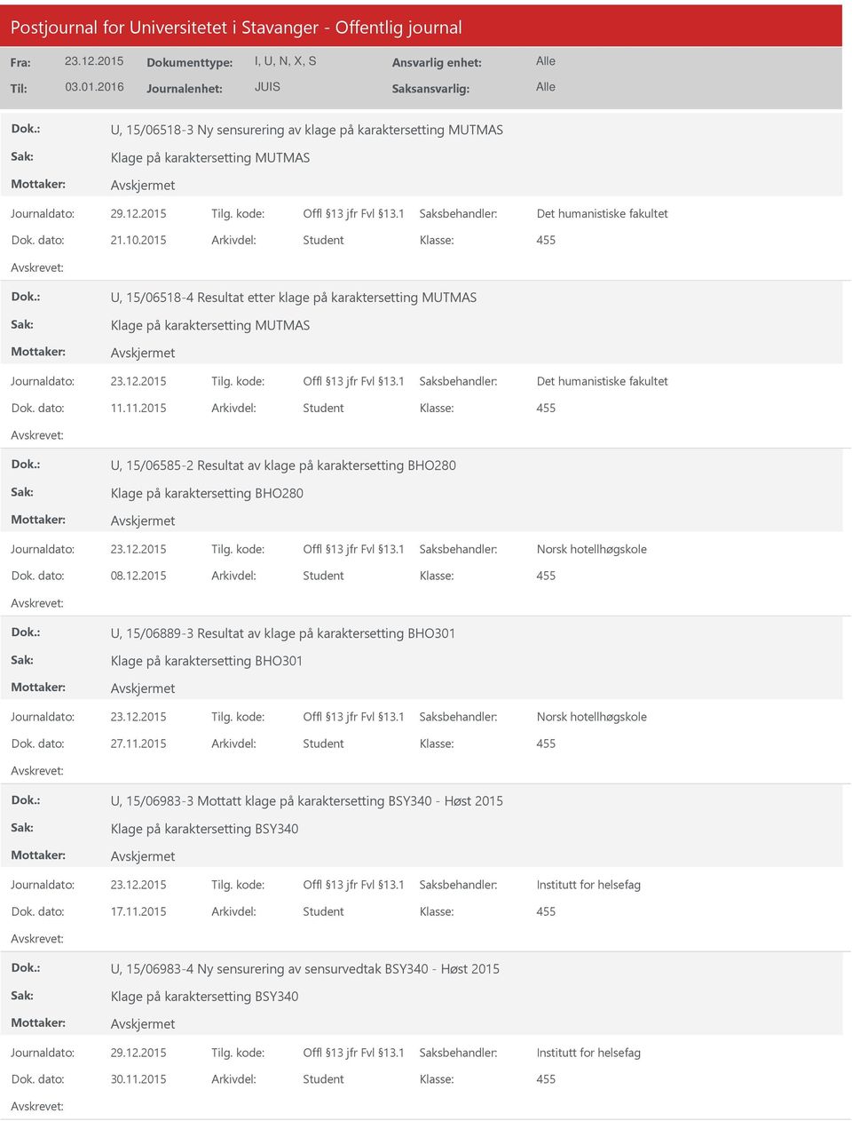 11.2015 Arkivdel: Student U, 15/06585-2 Resultat av klage på karaktersetting BHO280 Klage på karaktersetting BHO280 Norsk hotellhøgskole Dok. dato: 08.12.