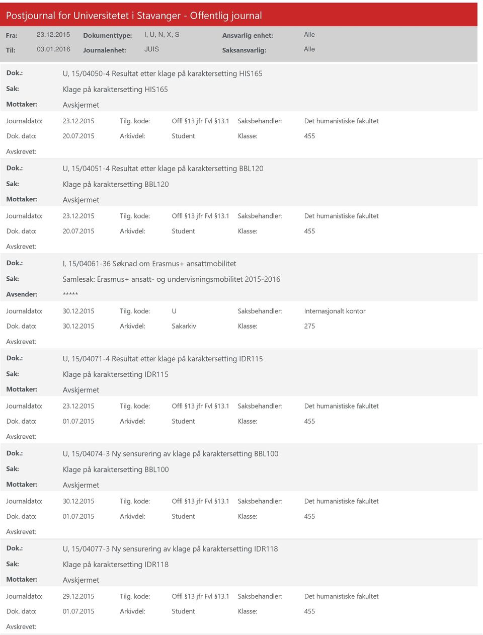 2015 Arkivdel: Student I, 15/04061-36 Søknad om Erasmus+ ansattmobilitet Samlesak: Erasmus+ ansatt- og undervisningsmobilitet 2015-2016 U Internasjonalt kontor Dok. dato: 30.12.