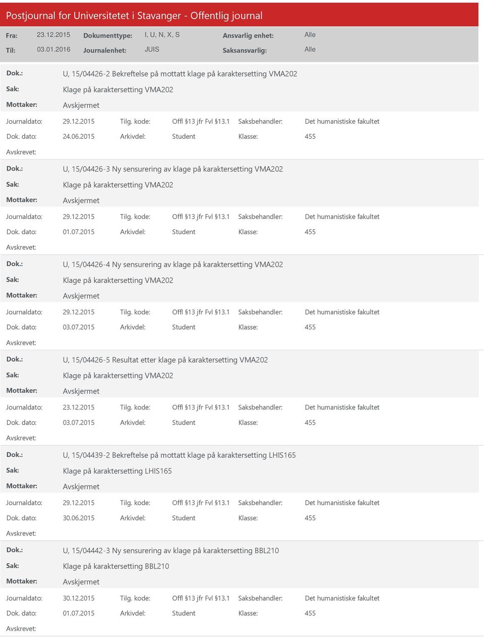 2015 Arkivdel: Student U, 15/04426-4 Ny sensurering av klage på karaktersetting VMA202 Klage på karaktersetting VMA202 Dok. dato: 03.07.