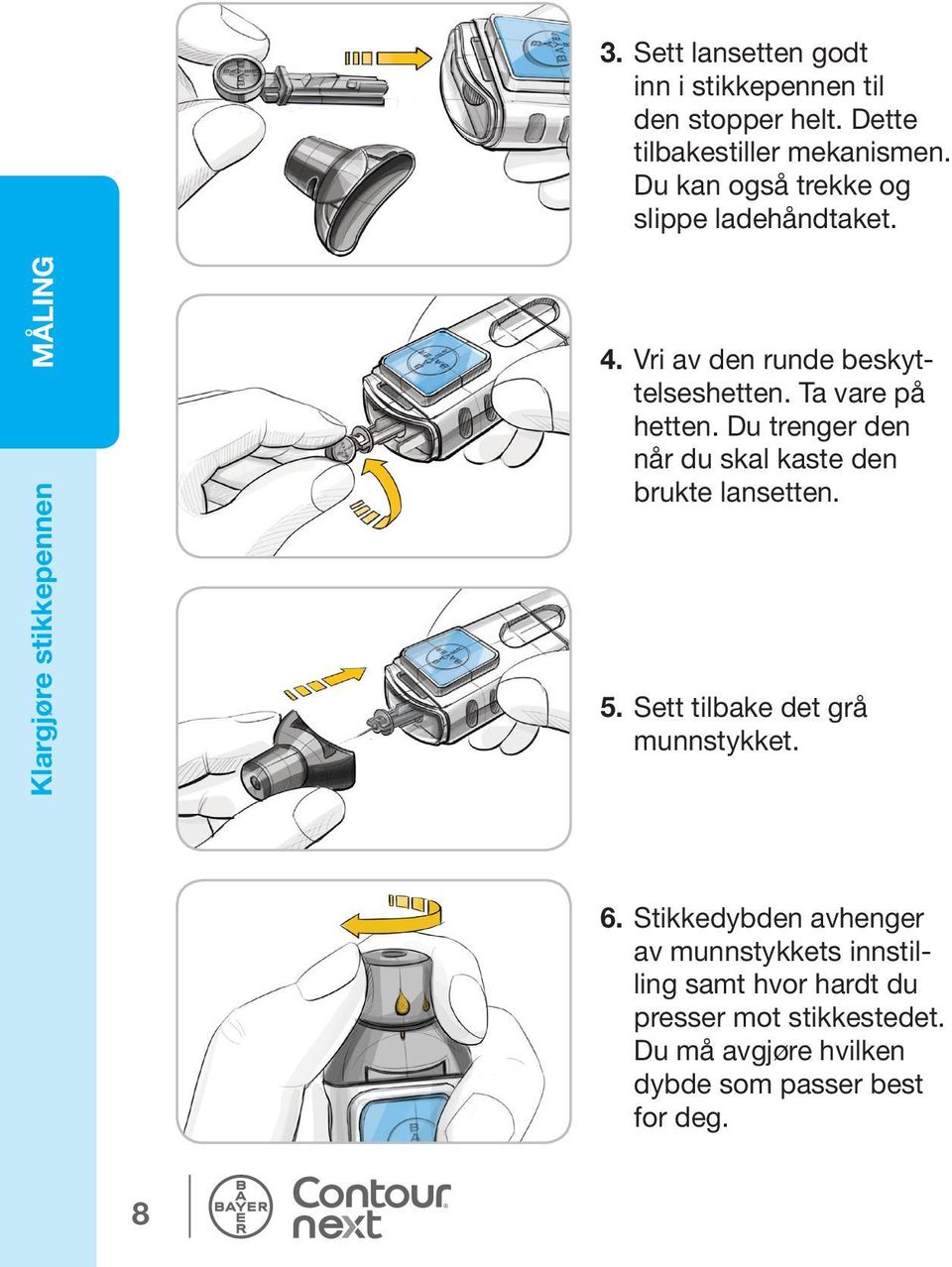 Ta vare på hetten. Du trenger den når du skal kaste den brukte lansetten. 5. Sett tilbake det grå munnstykket. 6.