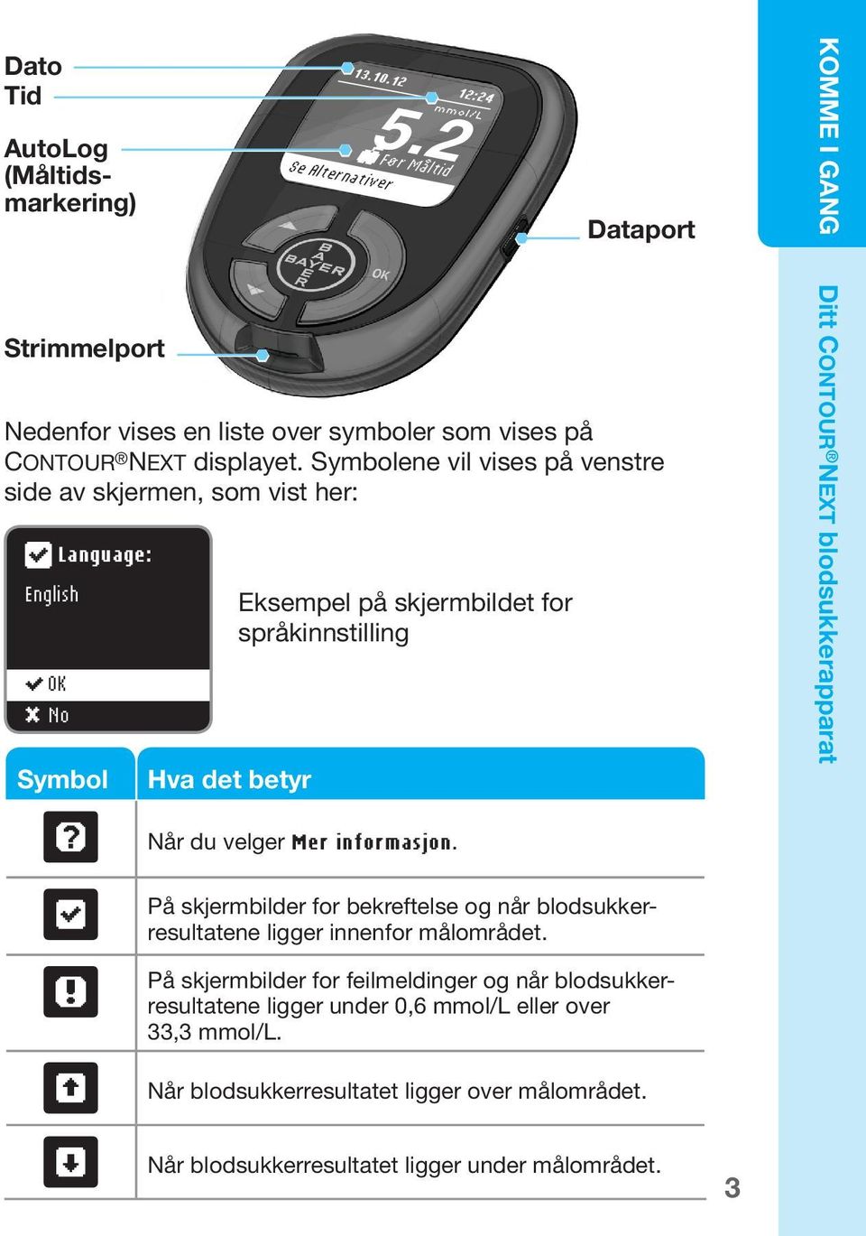 Symbolene vil vises på venstre side av skjermen, som vist her: English Language: OK Continue No Symbol Hva det betyr Eksempel på skjermbildet for språkinnstilling Ditt Contour Next