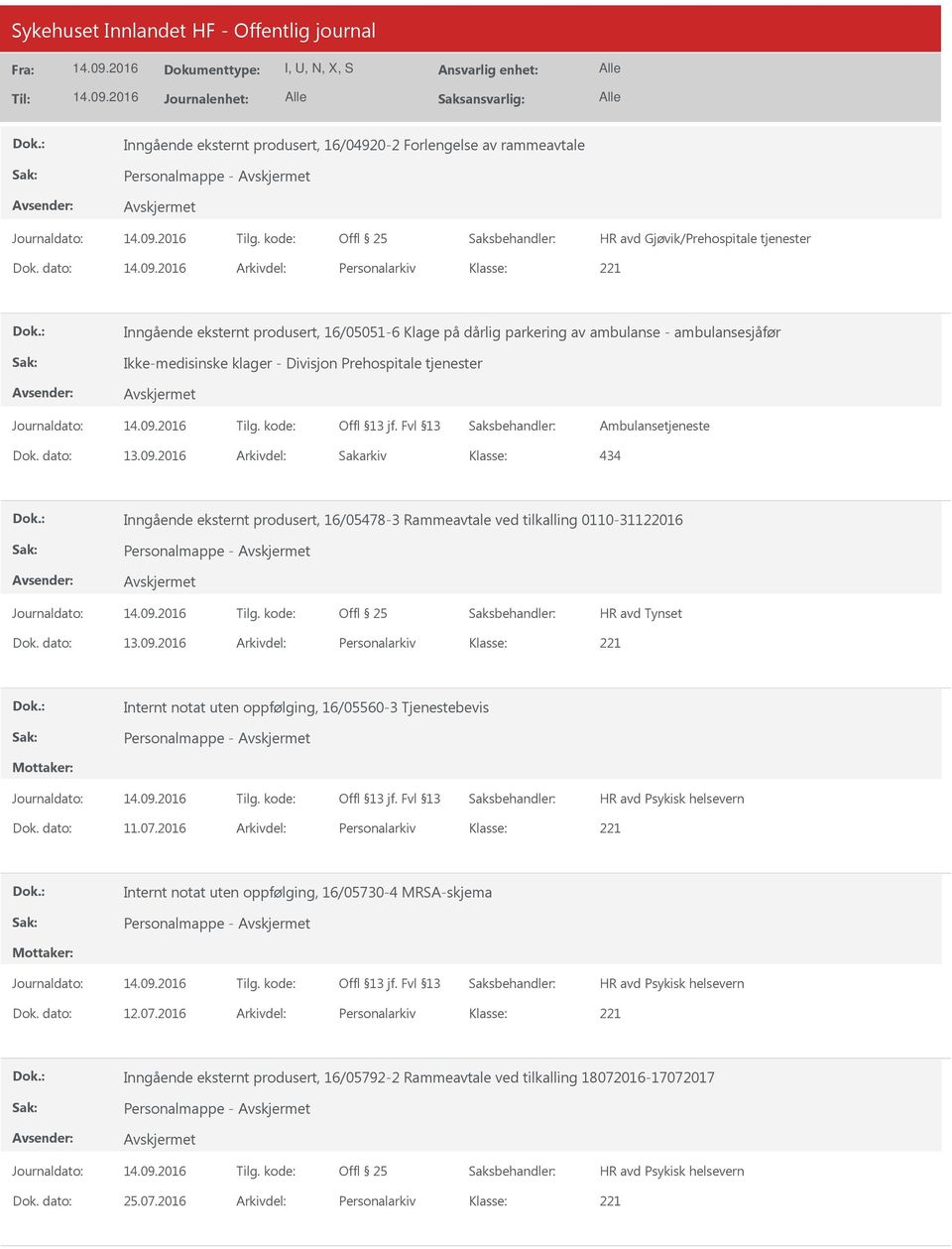 Ambulansetjeneste 434 Inngående eksternt produsert, 16/05478-3 Rammeavtale ved tilkalling 0110-31122016 HR avd Tynset Dok. dato: 13.09.