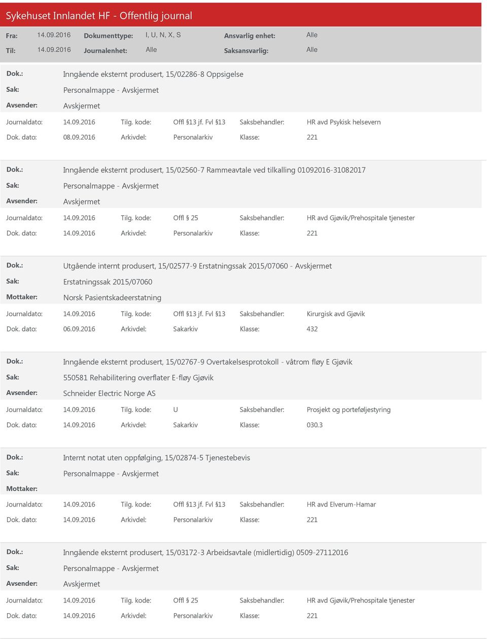 2016 Arkivdel: Sakarkiv 432 Inngående eksternt produsert, 15/02767-9 Overtakelsesprotokoll - våtrom fløy E Gjøvik 550581 Rehabilitering overflater E-fløy Gjøvik Schneider Electric Norge AS Prosjekt