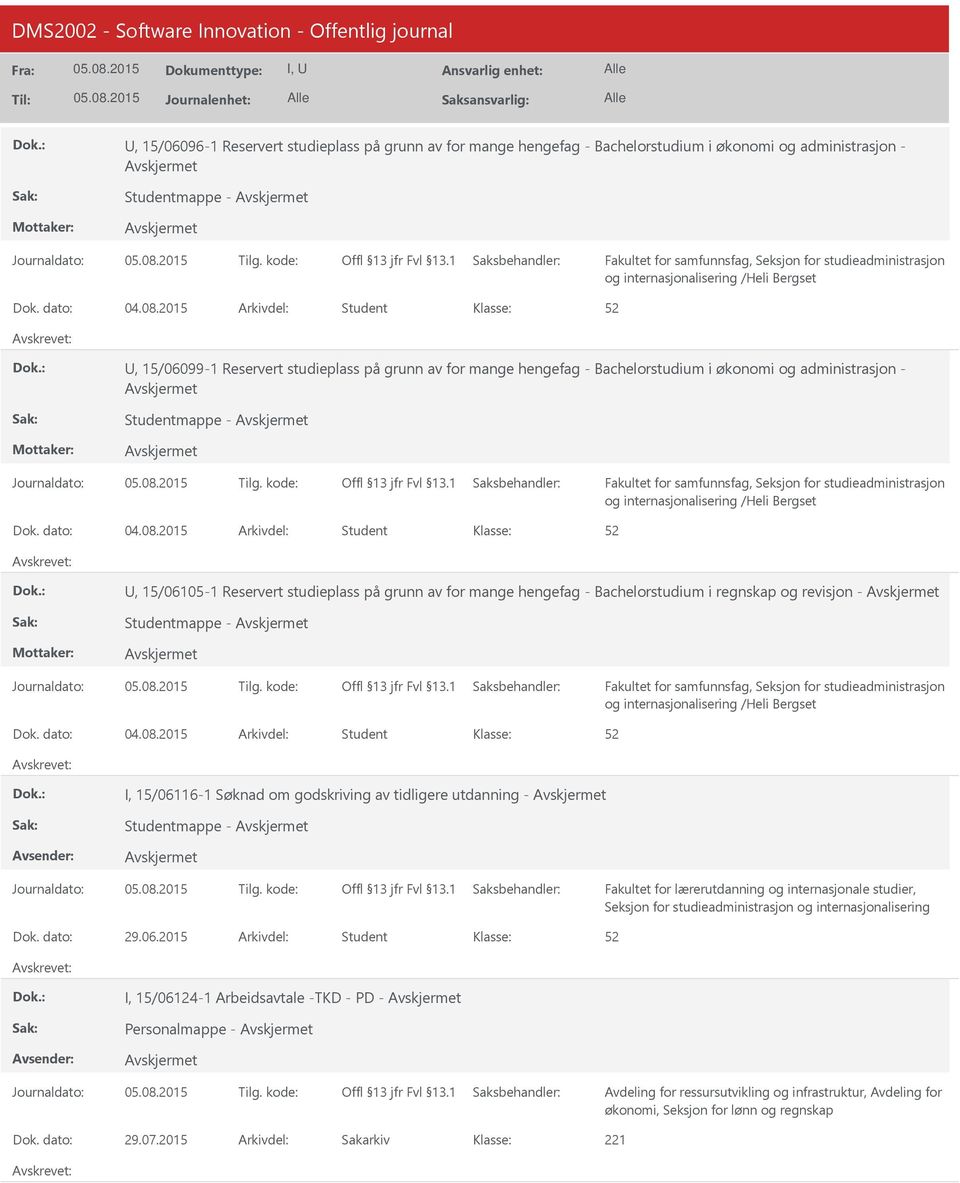 Bachelorstudium i regnskap og revisjon - Studentmappe - I, 15/06116-1 Søknad om godskriving av tidligere utdanning - Studentmappe - Seksjon for studieadministrasjon og